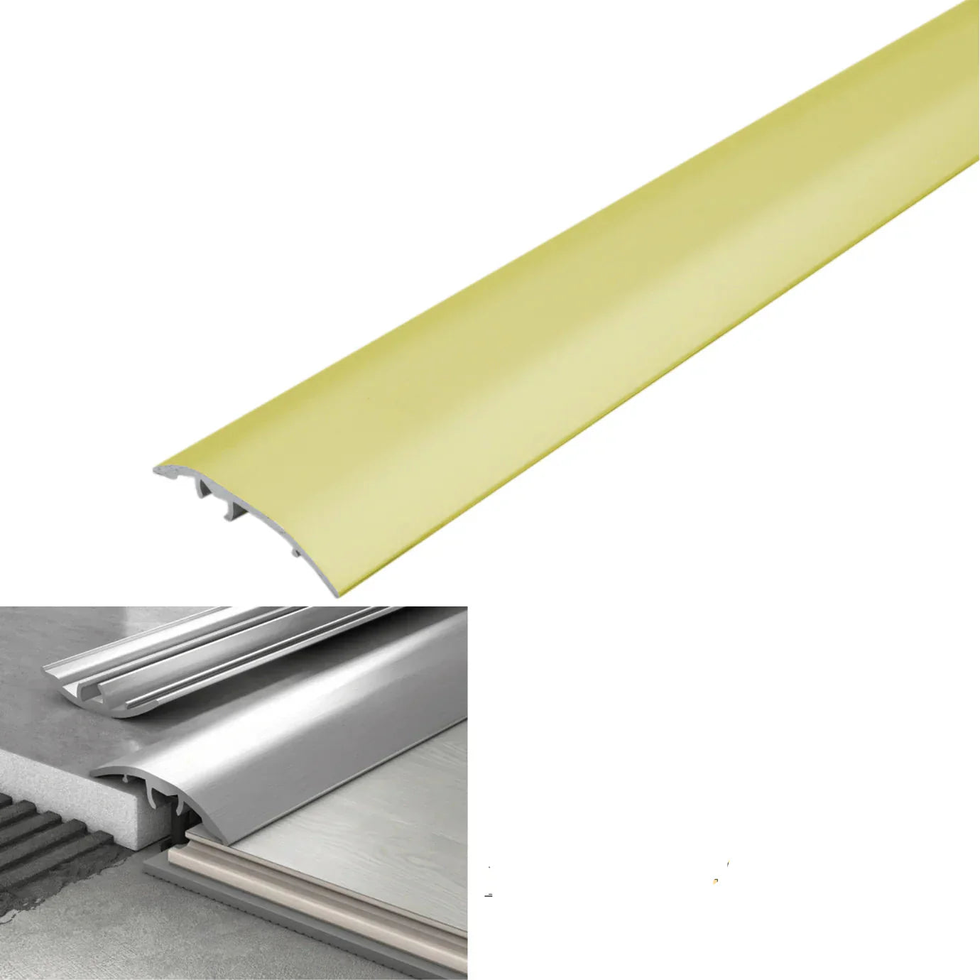 Gold metal strip with dimensions and features on a white background