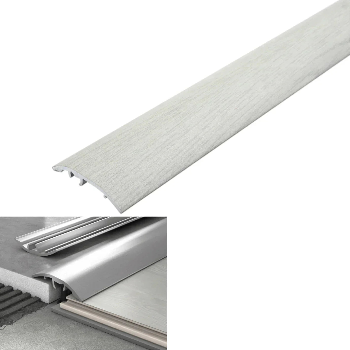 Metallic stair tread with dimensions and color information on a white background