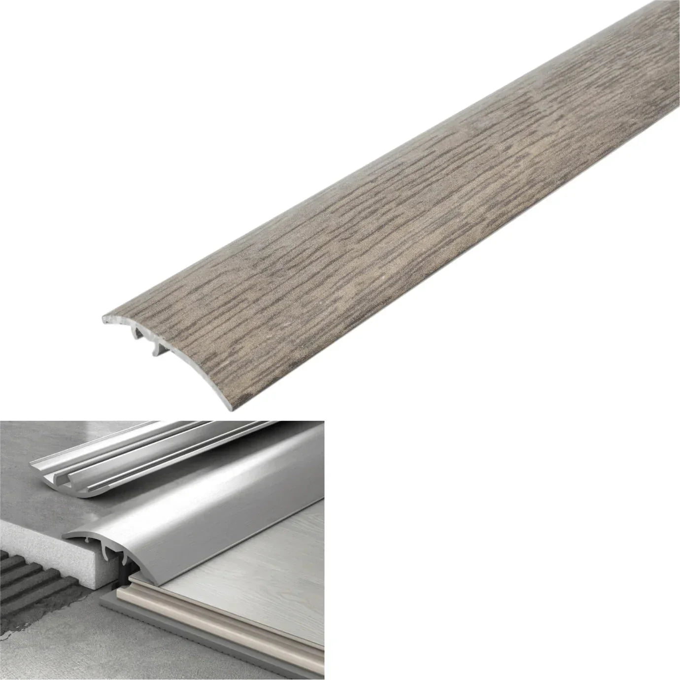 Wooden strip with metal trim and technical details on a white background