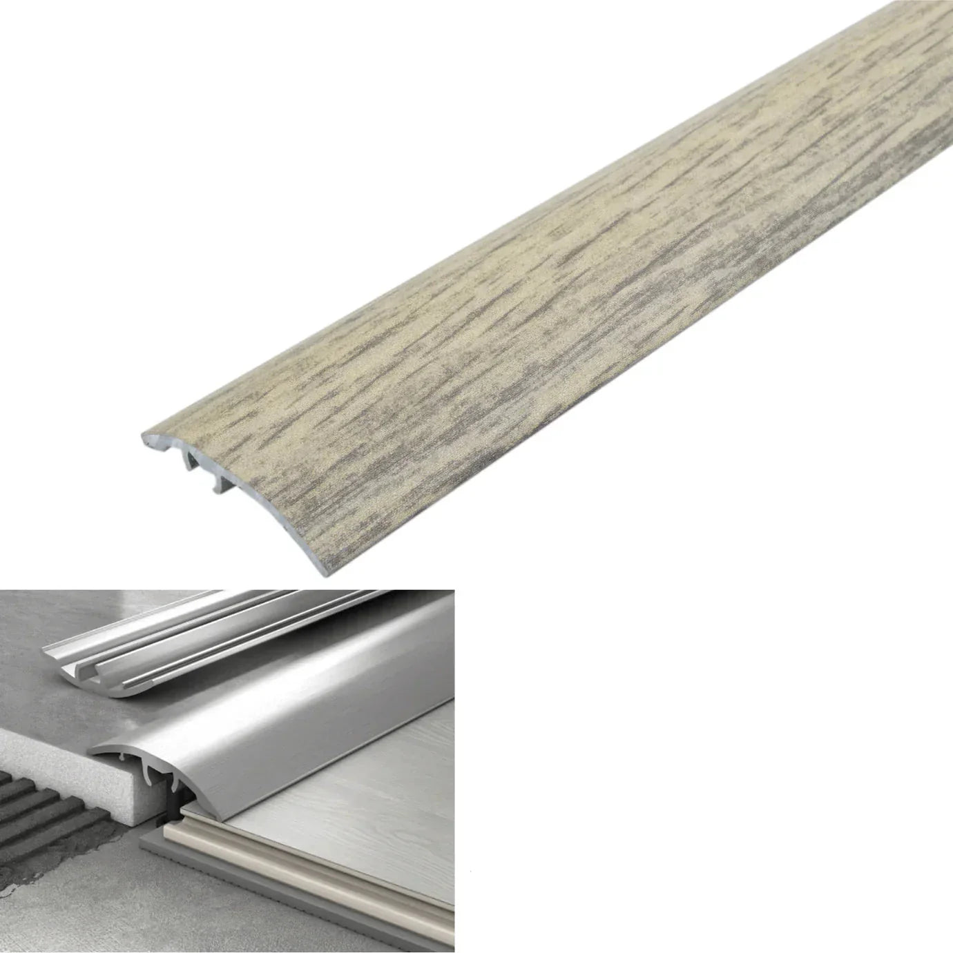 Wooden strip with metal trim and technical details on a white background