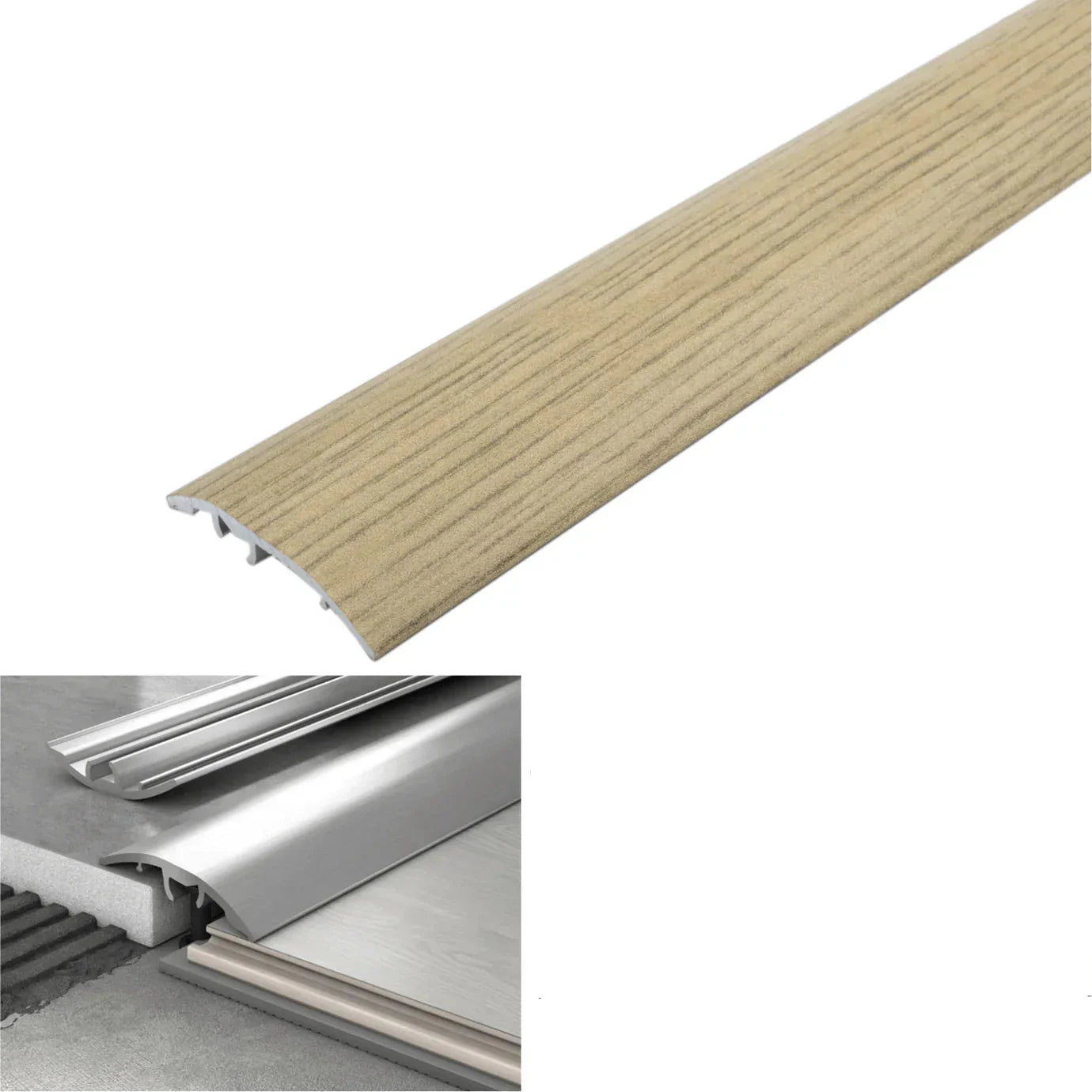 Wooden stair treads with metal trim and technical details on a white background