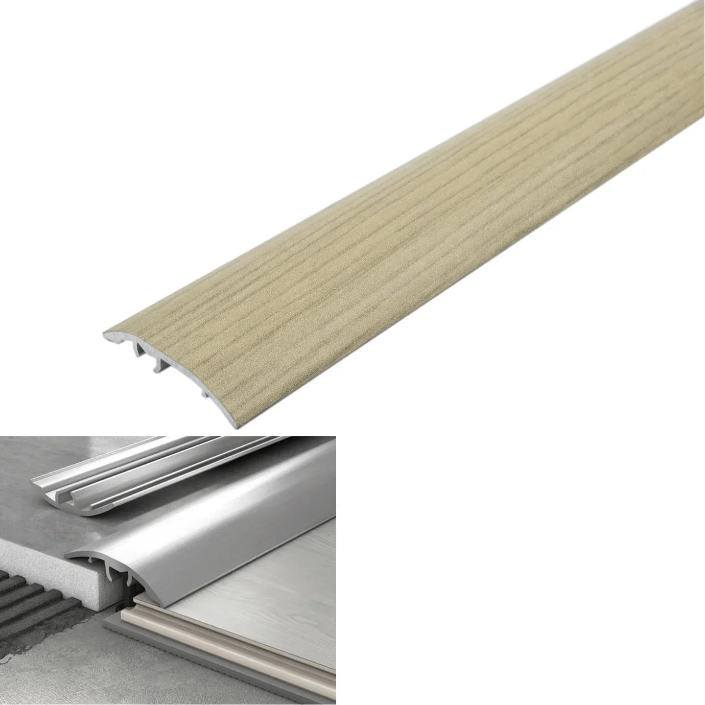 Beige threshold ramp with metal trim, specifications, and color code on a white background