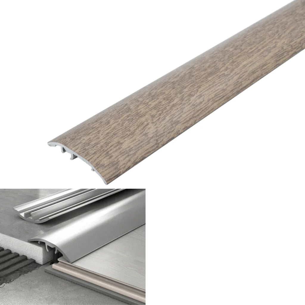 Wooden strip with metal trim on a white background, showing dimensions and color code.
