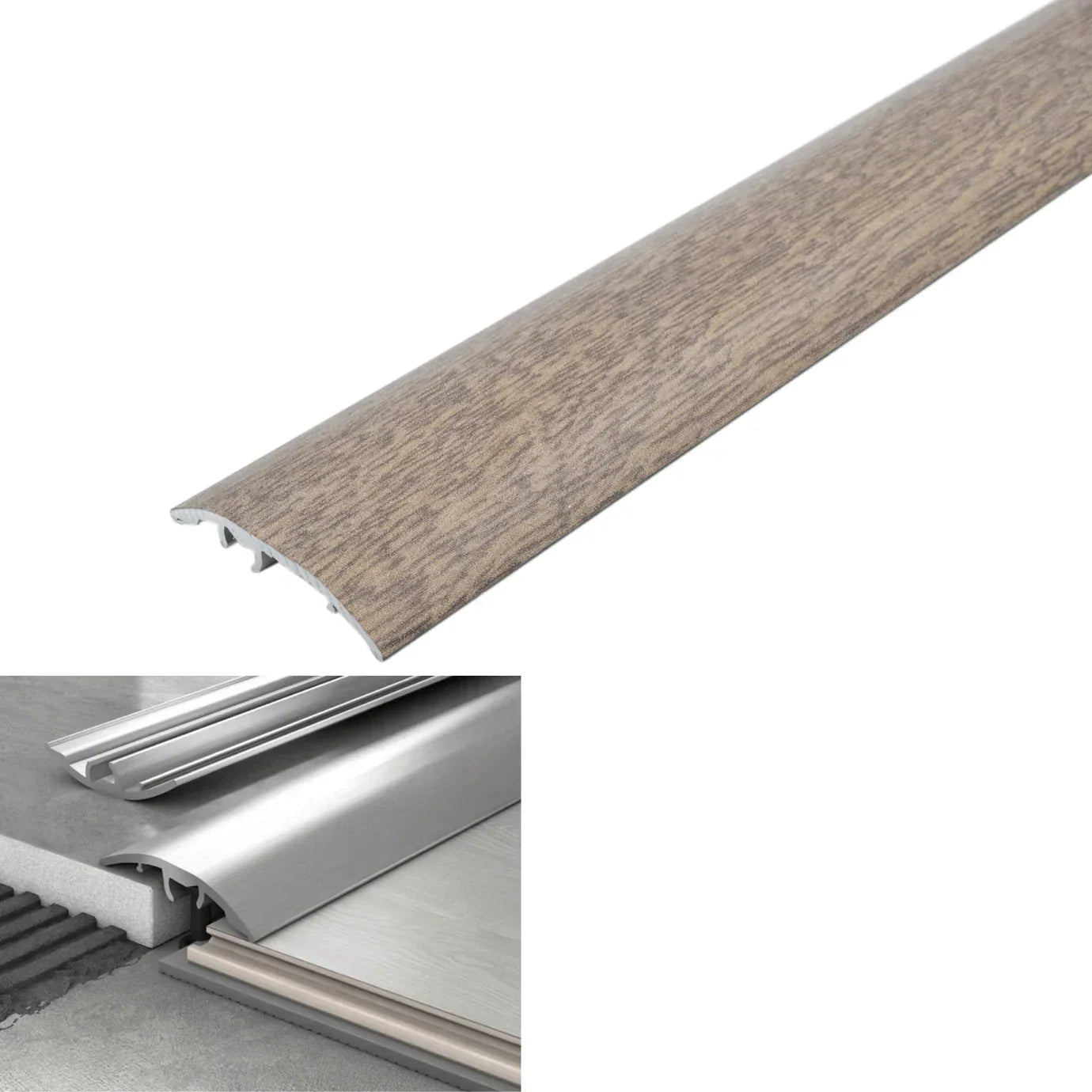 Wooden strip with metal trim on a white background, showing dimensions and color code.