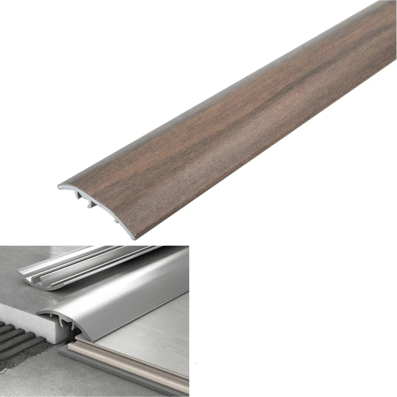 Wooden strip with metal trim on a white background, showing dimensions and color code.