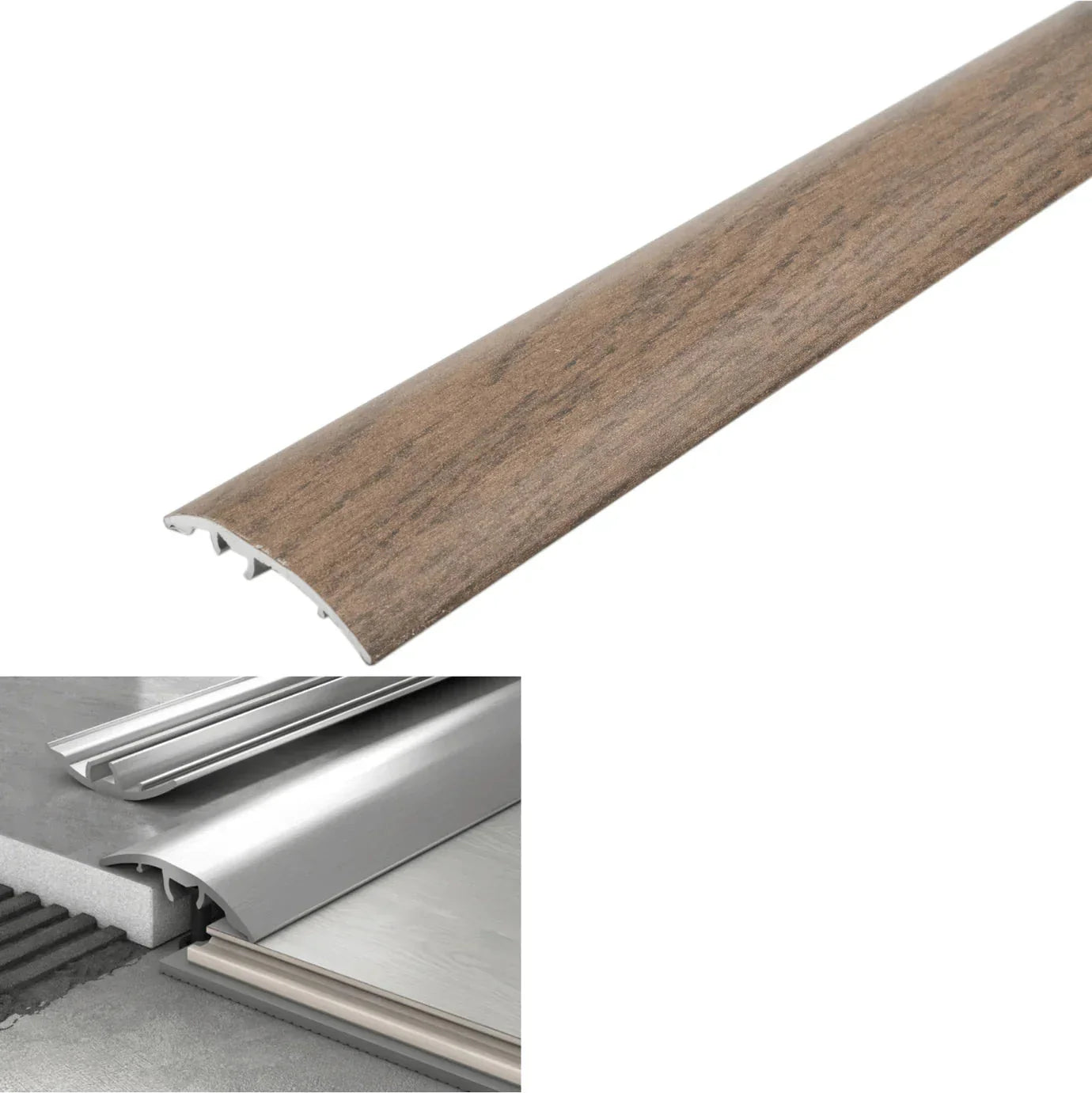 Wooden strip with metal trim, showing dimensions and color code on a white background.