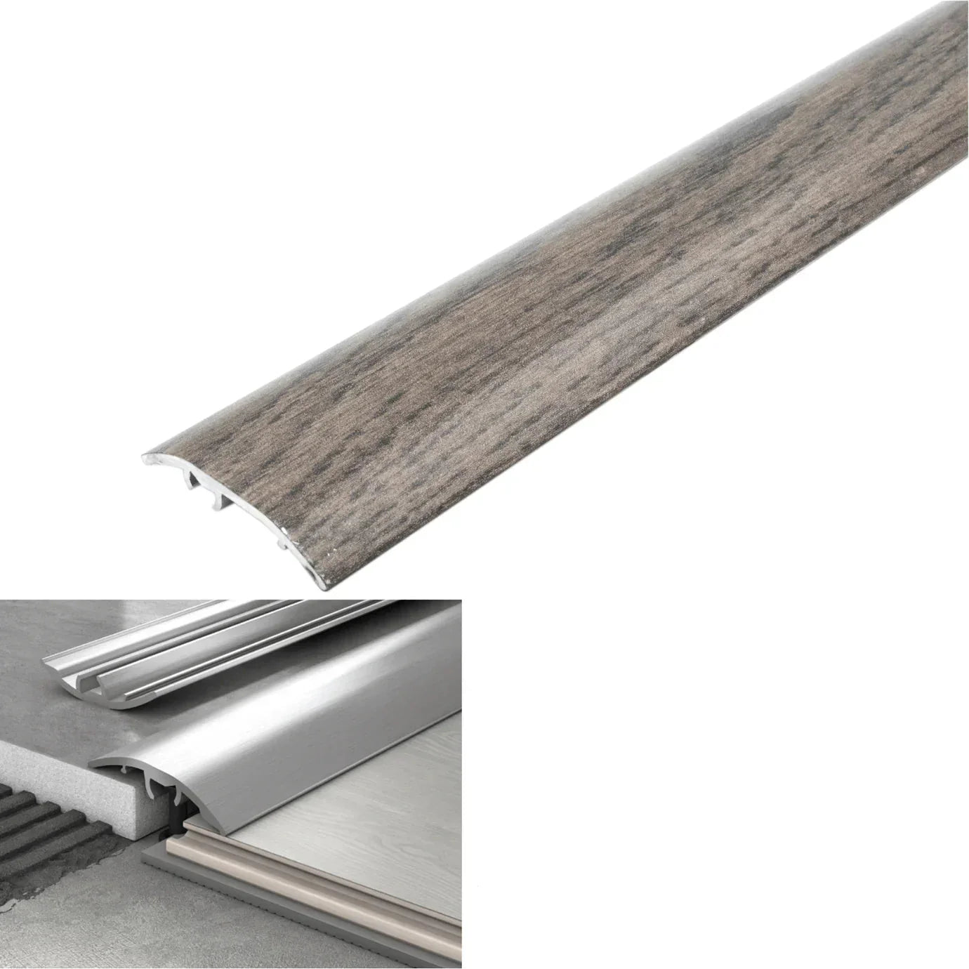 Wooden floor trim with specifications and color code on a white background