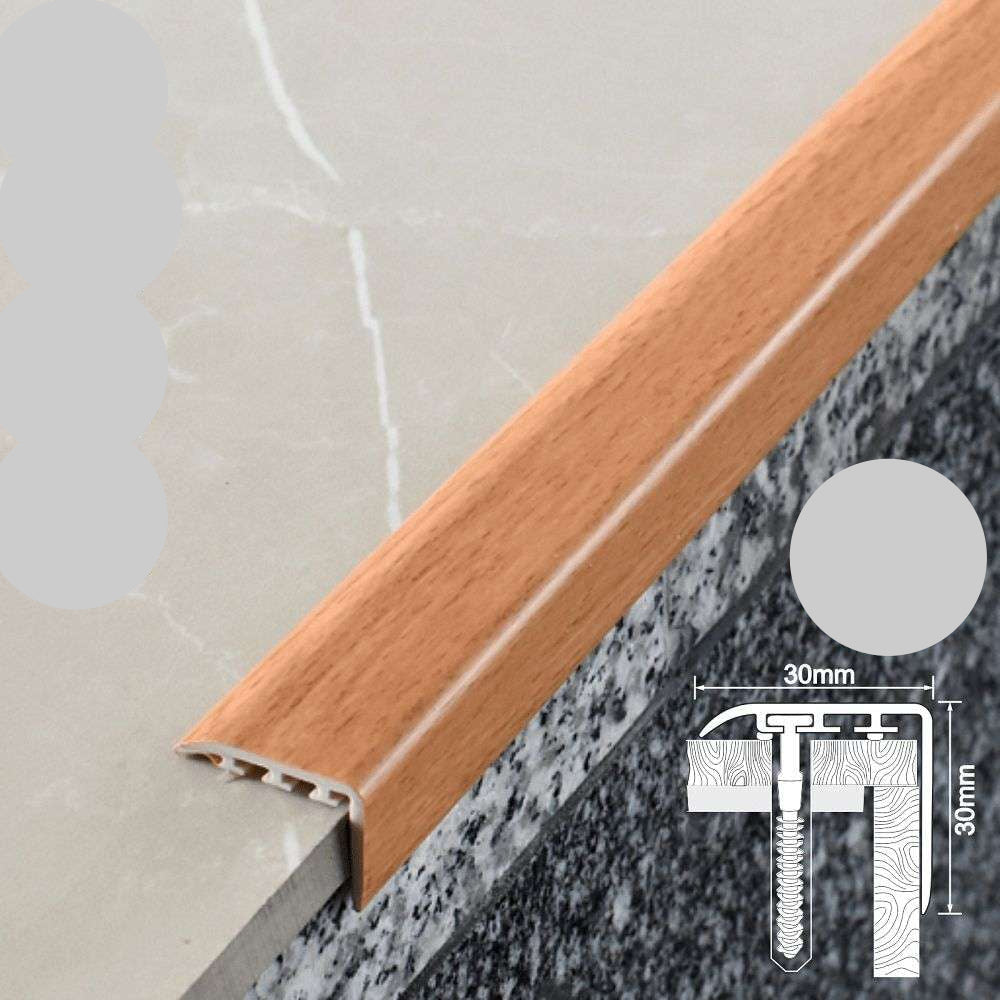 Wooden floor trim with specifications on a neutral background