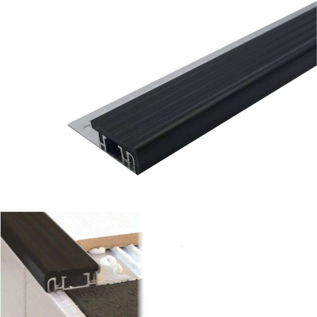 Black stair tread with white label and measurements on a white background
