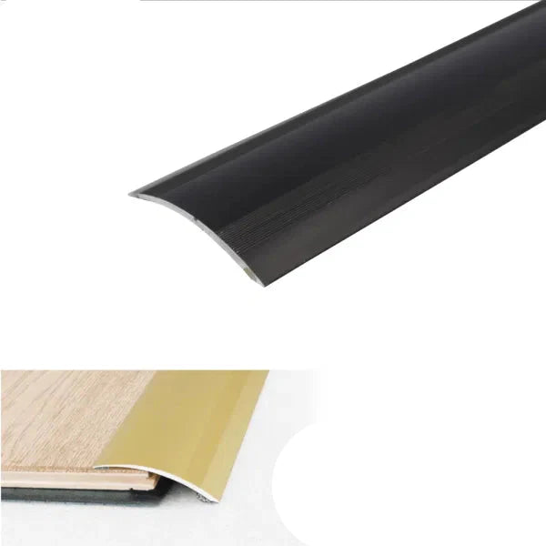 Black metal strip with anodized finish on a white background