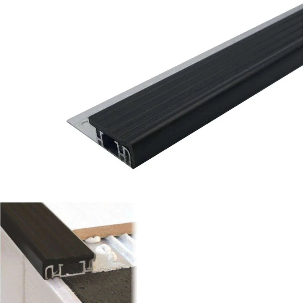 Aluminium base with black insert for stair treads, showing dimensions and installation details.