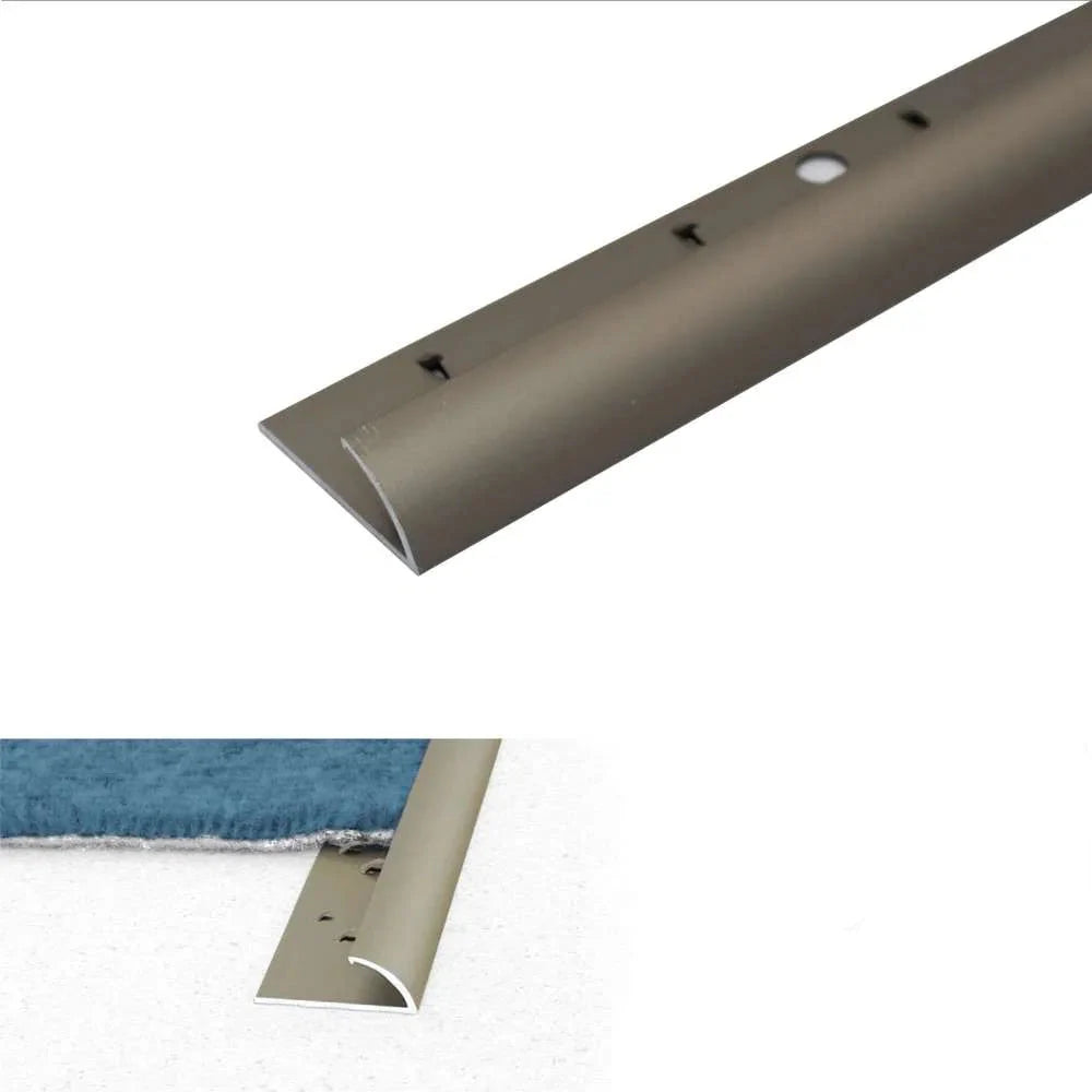 Metal strip with champagne finish on a white background, showing dimensions and features.