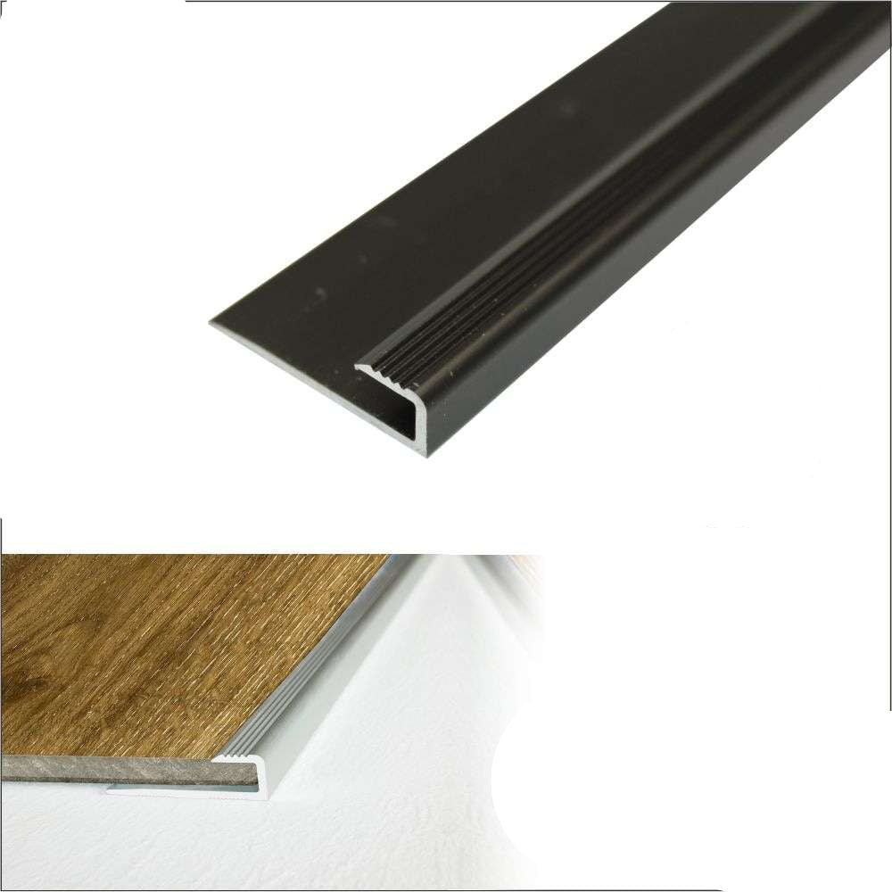 Black metal threshold strip with installation details on a white background