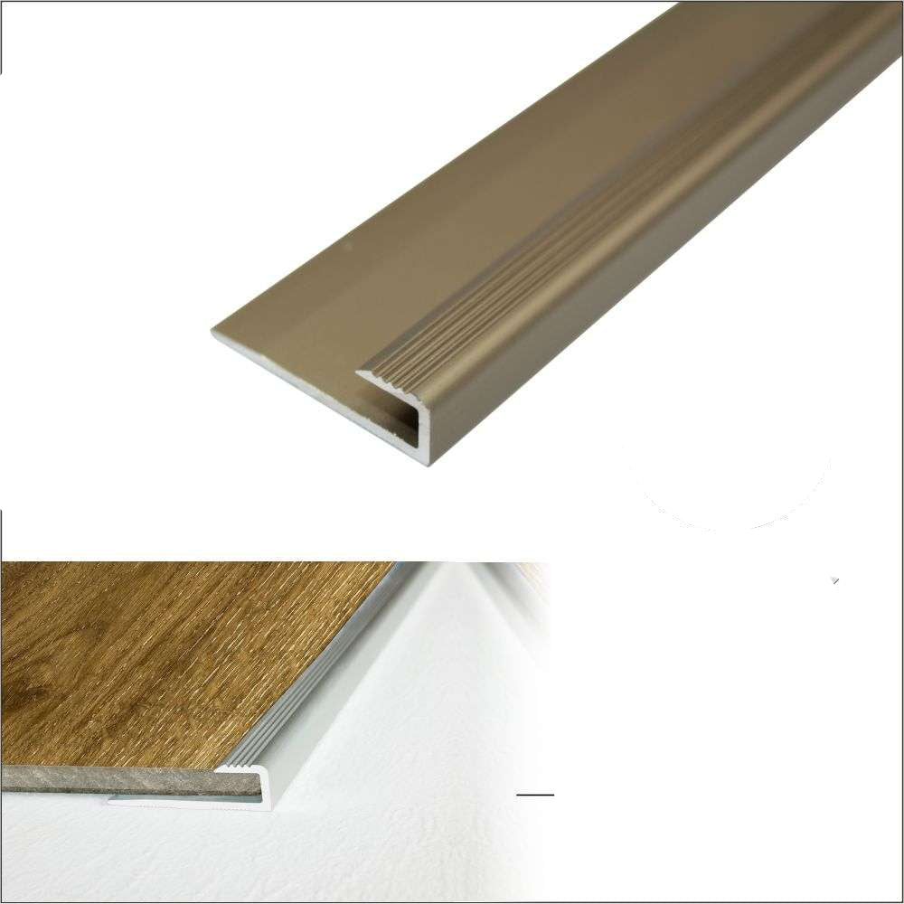 Champagne-colored metal threshold strip with specifications on a white background