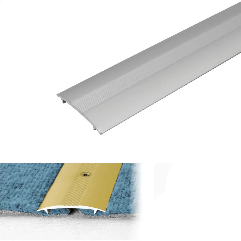 Silver metal strip with product details on a white background
