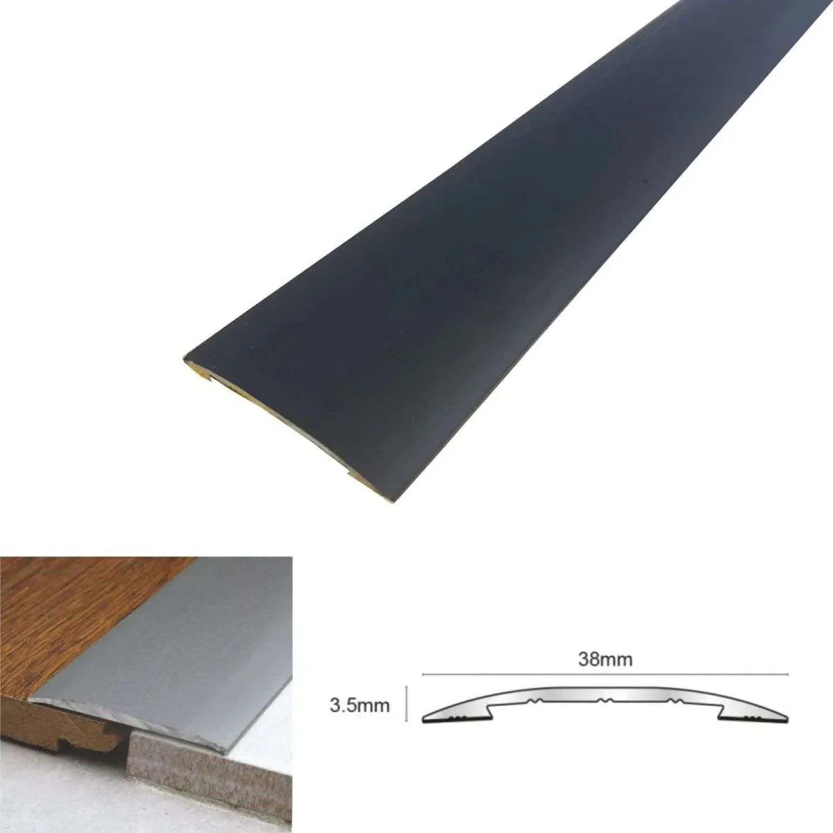 Bronze metal strip with dimensions and features on a white background