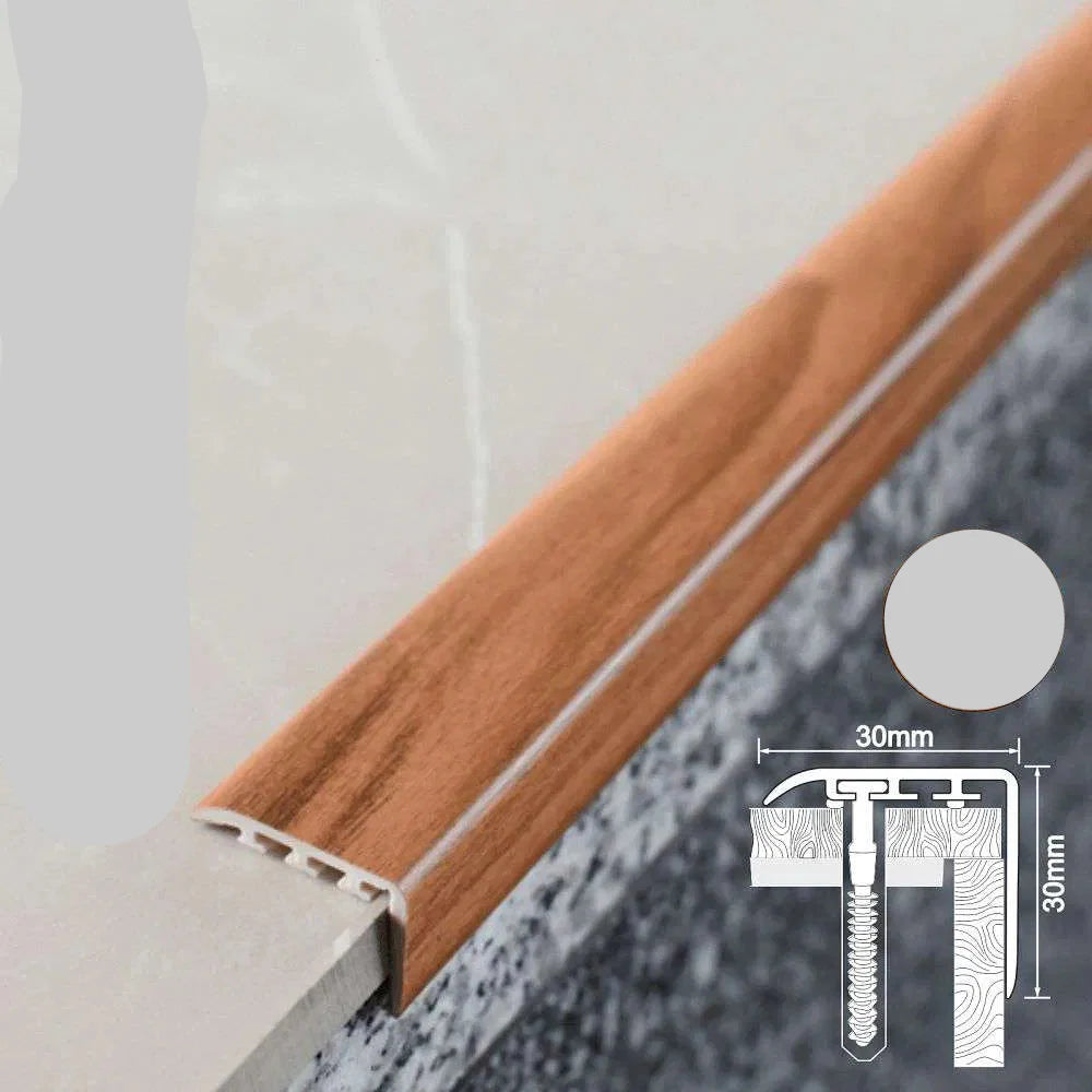 Wooden stair tread with UPVC label and chestnut color swatch on a neutral background