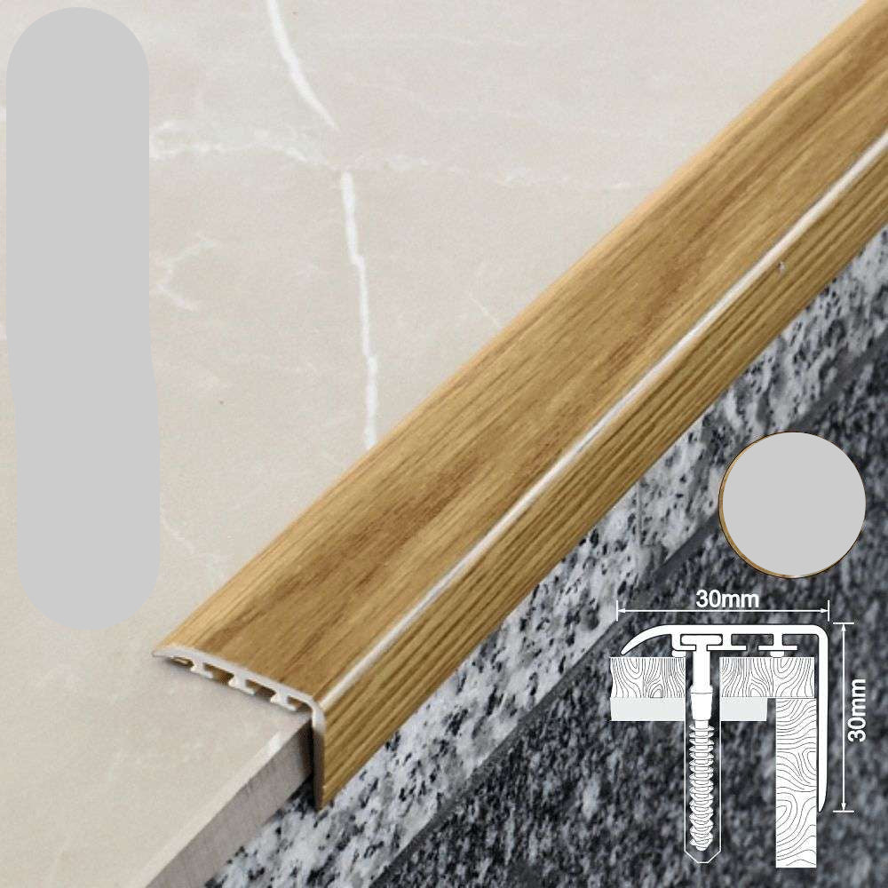 Wooden floor trim with measurements and material information on a neutral background