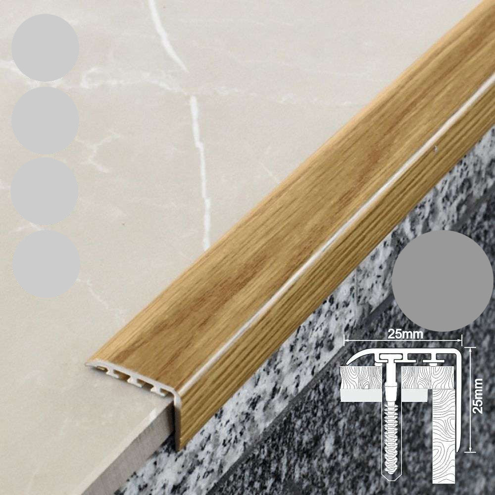 Wooden threshold strip with measurements and material details on a tiled floor background