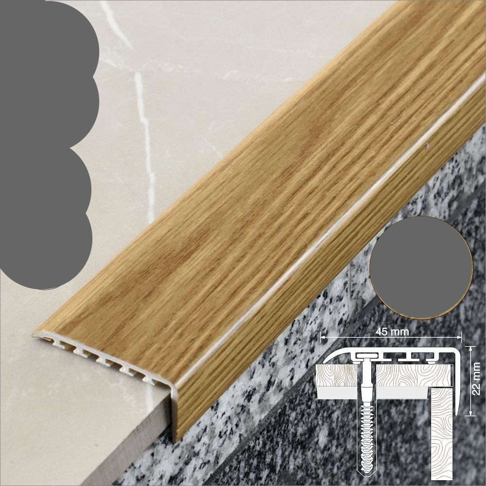 Wooden floor trim with specifications on a neutral background