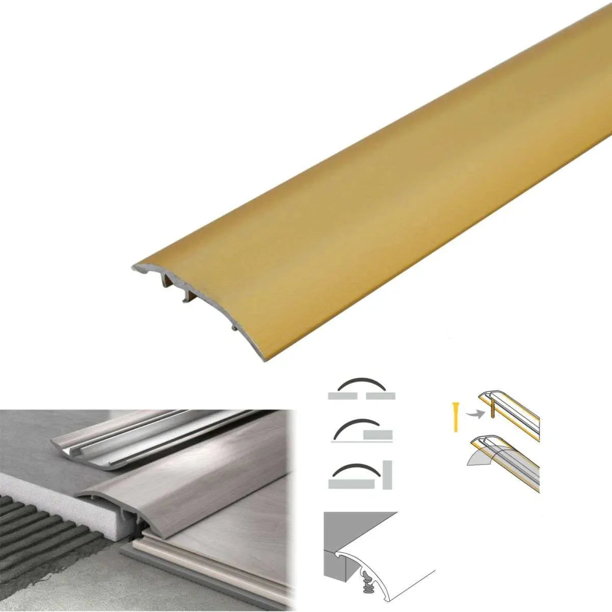 Gold metal strip with specifications and illustrations on a white background