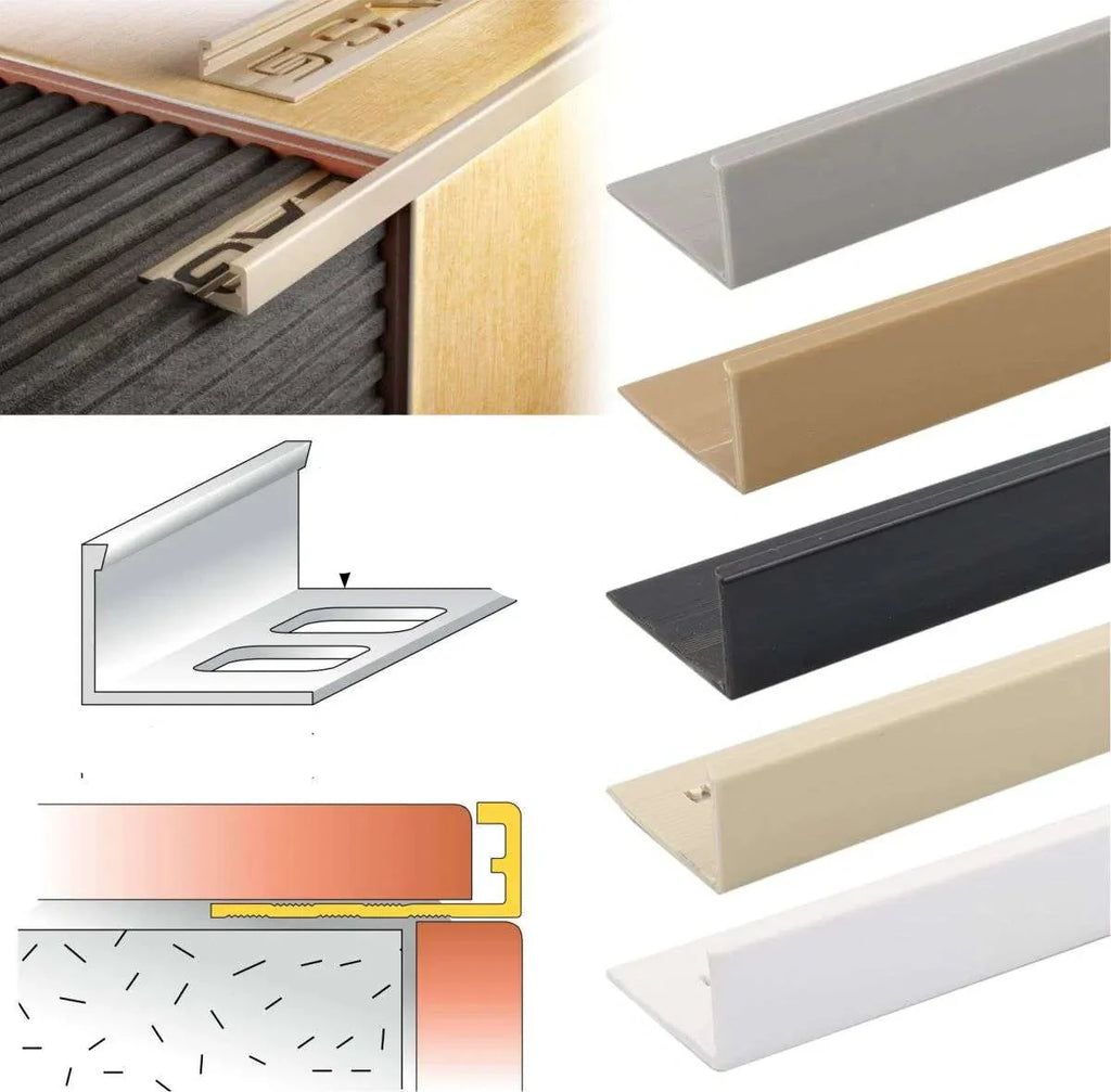 Set of metal stair treads in various colors with dimensions and cross-section details.