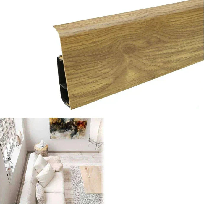 Wooden floor trim with Argos Oak finish, showing product details and application in a room setting.