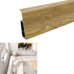 Wooden floor trim with Argos Oak finish, showing product details and application in a room setting.