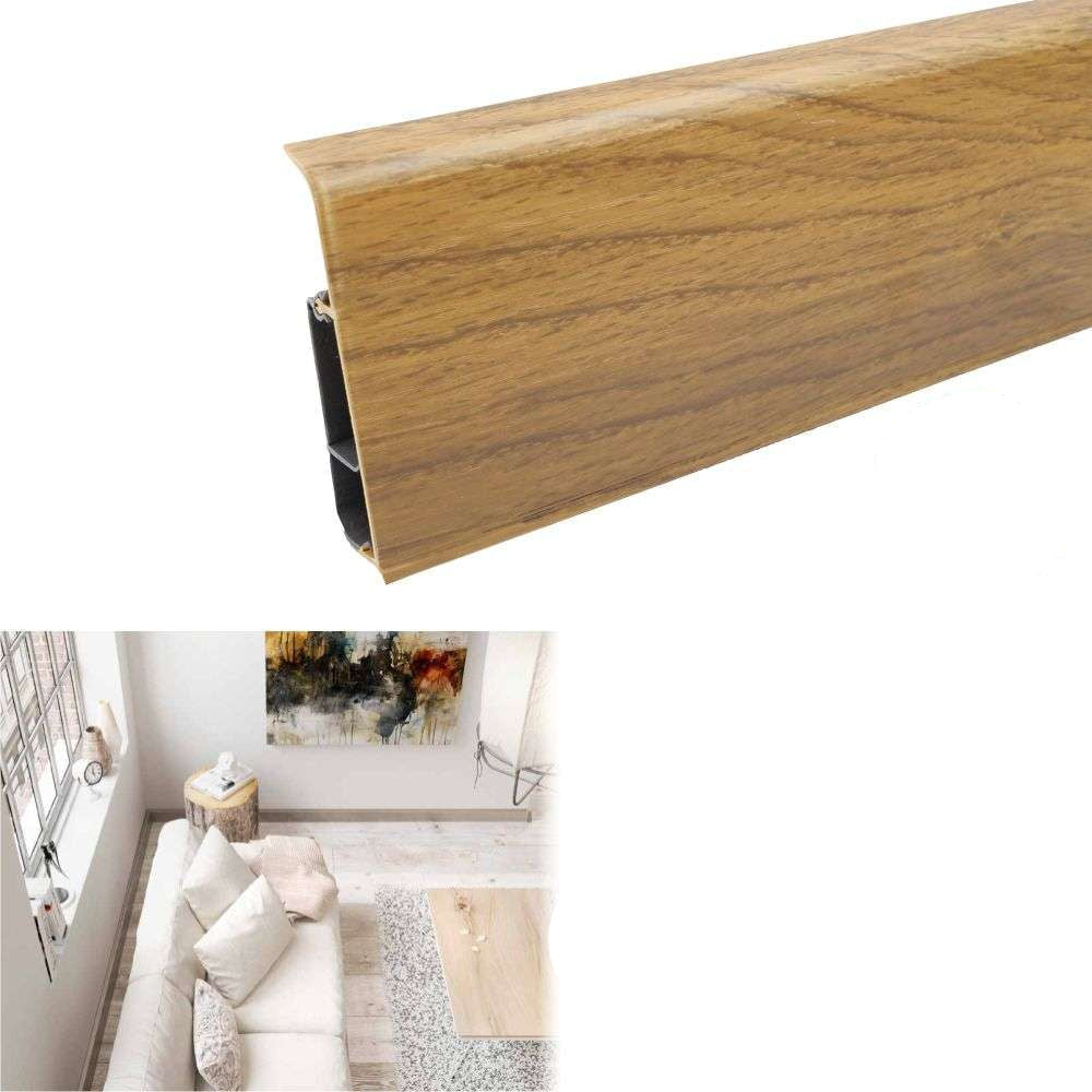 Wooden floor trim with walnut finish, showing product details and application in a room setting.