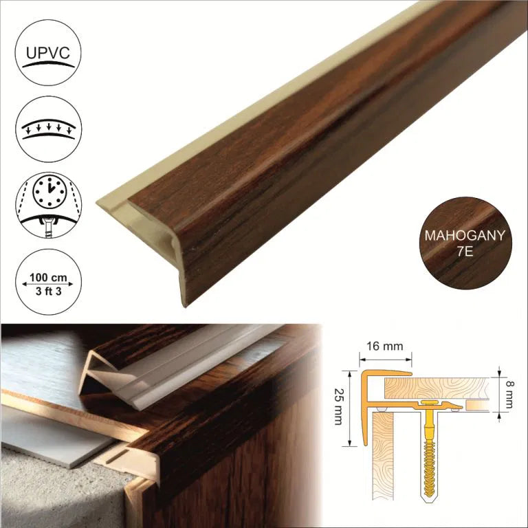 16x25mm Push-In Wood Effect PVC Stair Nosing – UPVC Edge Trim for Laminate & Wood Floors