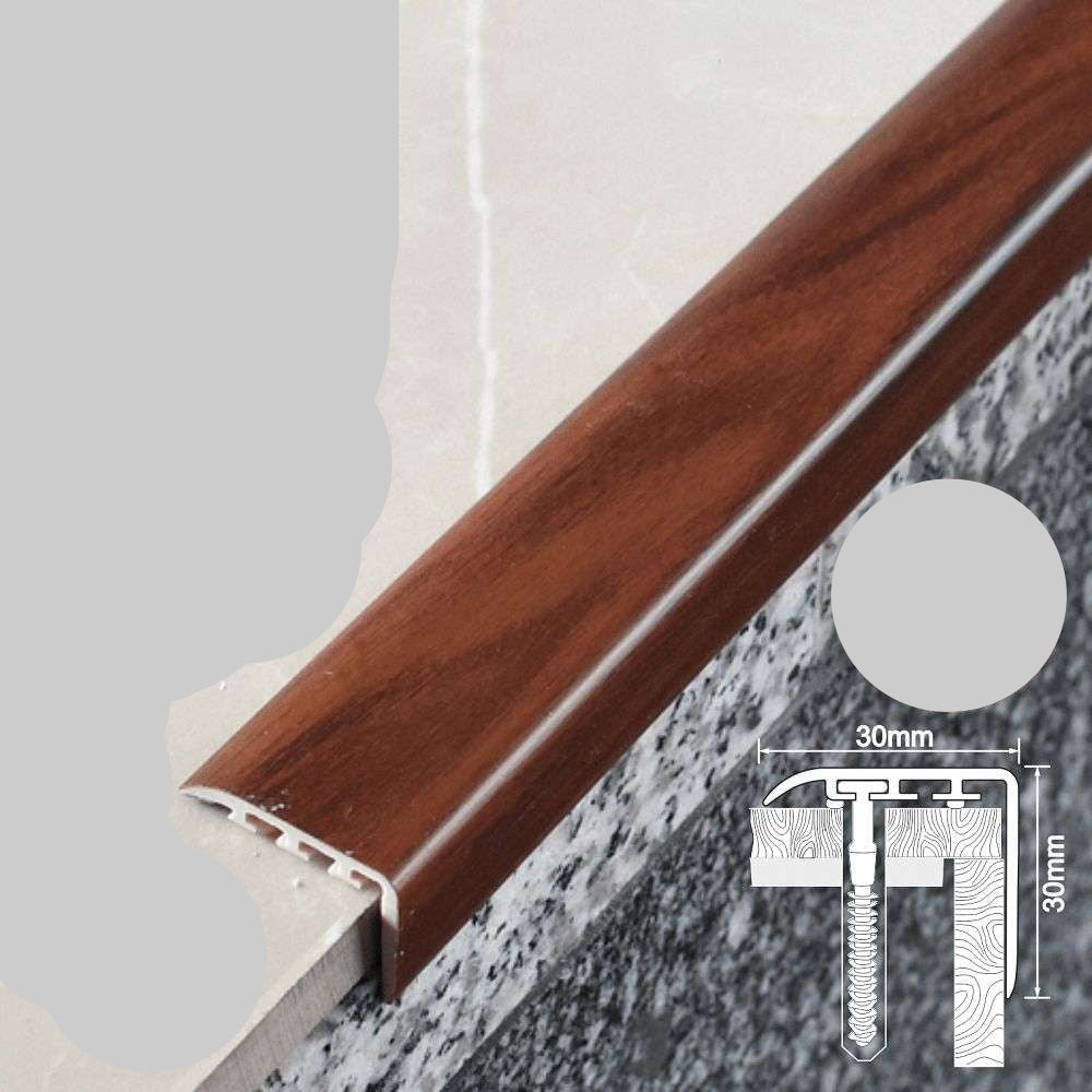 Wooden stair tread with measurements and material information on a neutral background