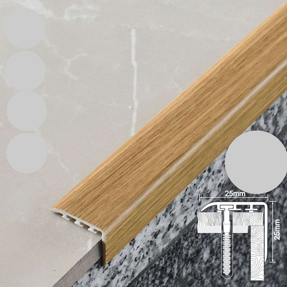 Wooden floor trim with UPVC label and dimensions on a gray background