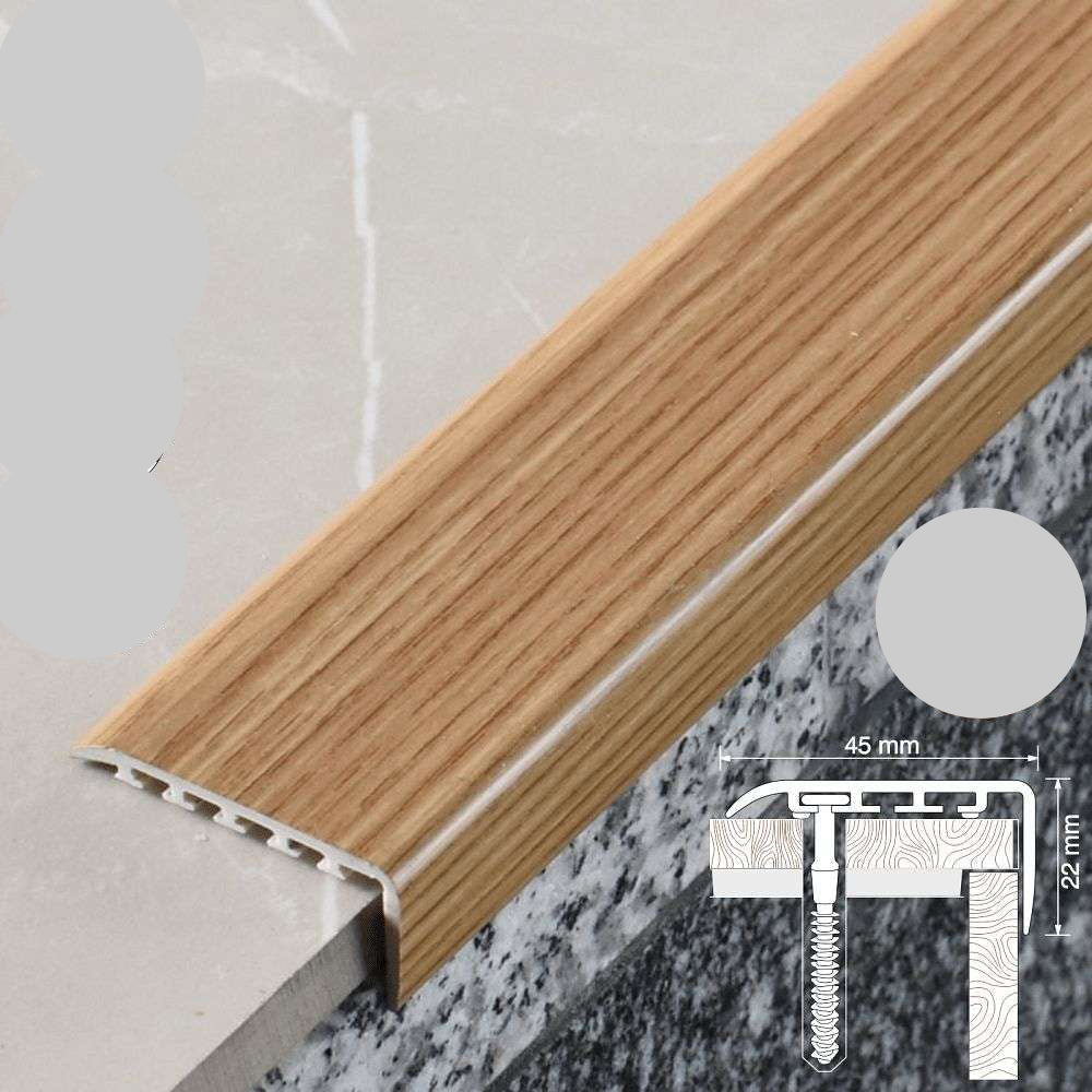 Wooden floor trim with UPVC label and dimensions on a neutral background
