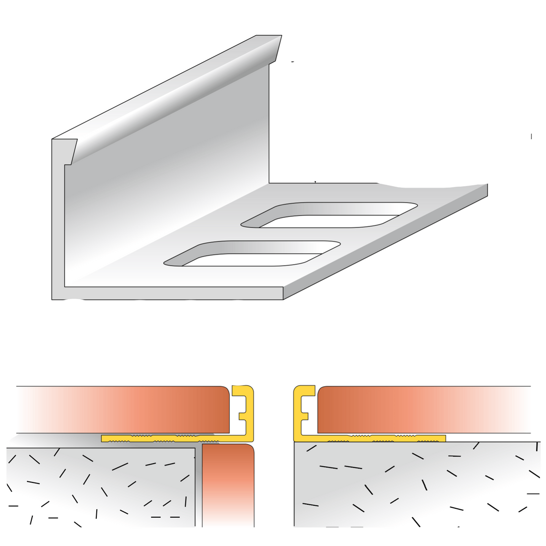 Technical drawing of a metal profile with dimensions and installation examples.