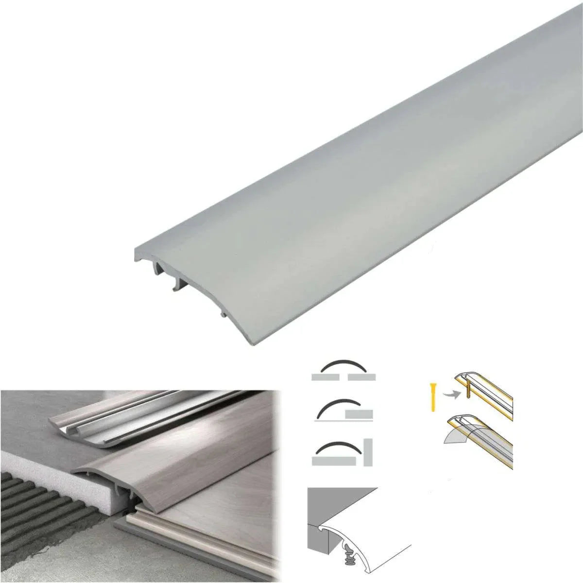 Silver metal strip with features and specifications on a white background