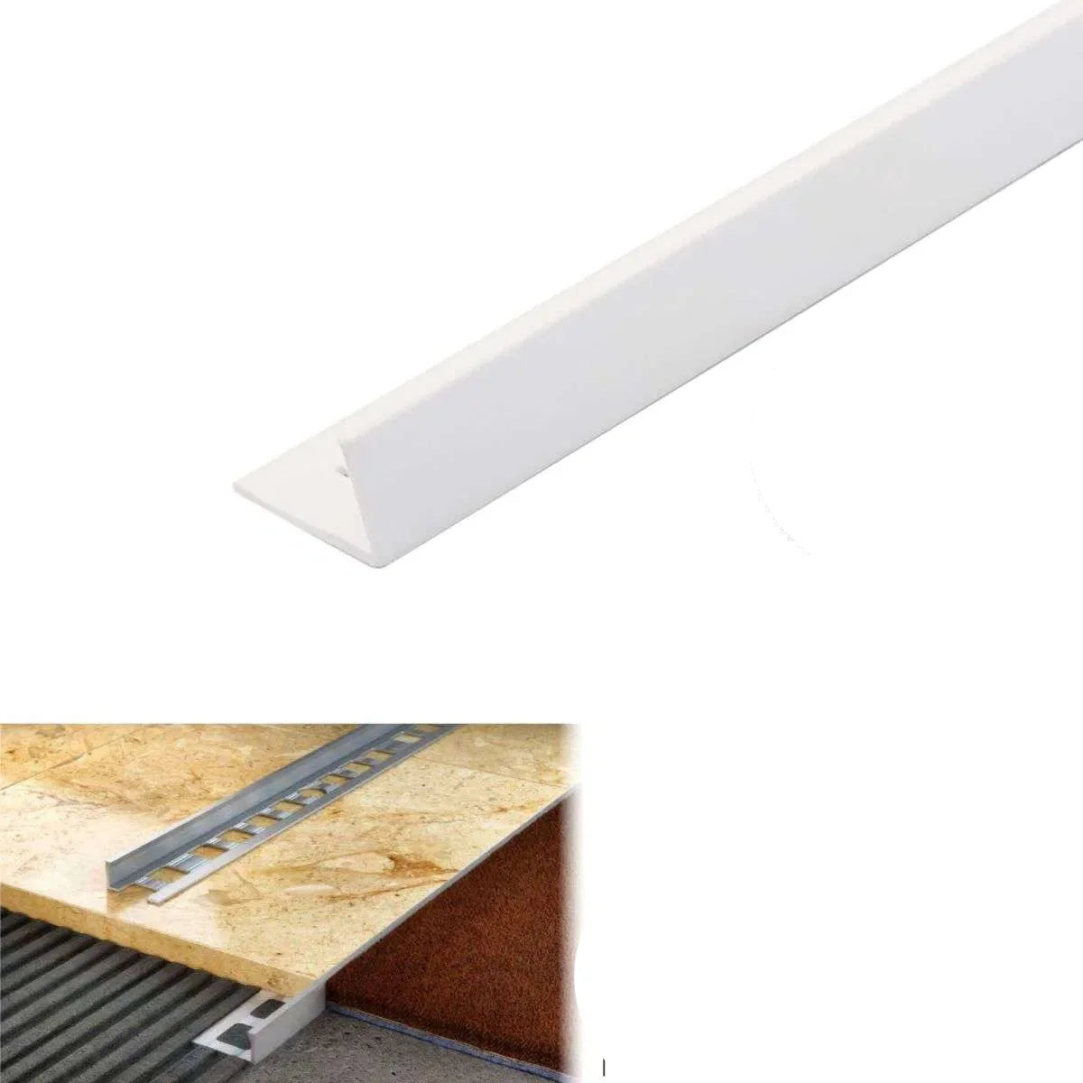 White PVC strip with dimensions and installation details on a white background