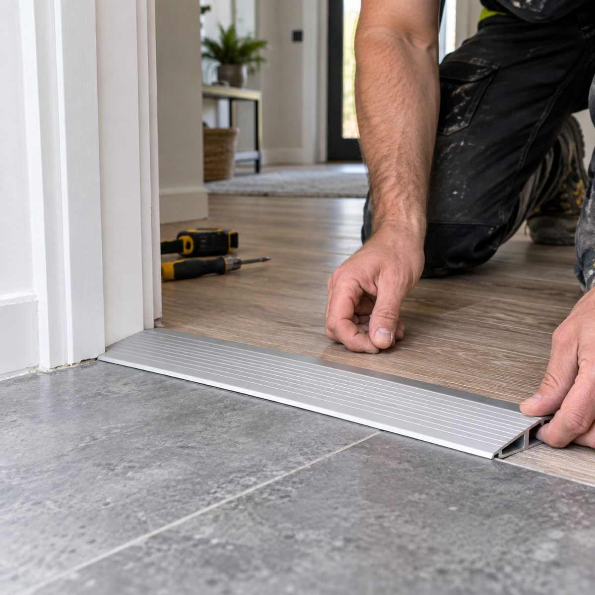 A01 30mm anodised aluminium door threshold ramp being fitted between two different floor levels in a modern doorway