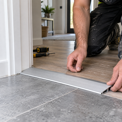 A01 30mm anodised aluminium door threshold ramp being fitted between two different floor levels in a modern doorway