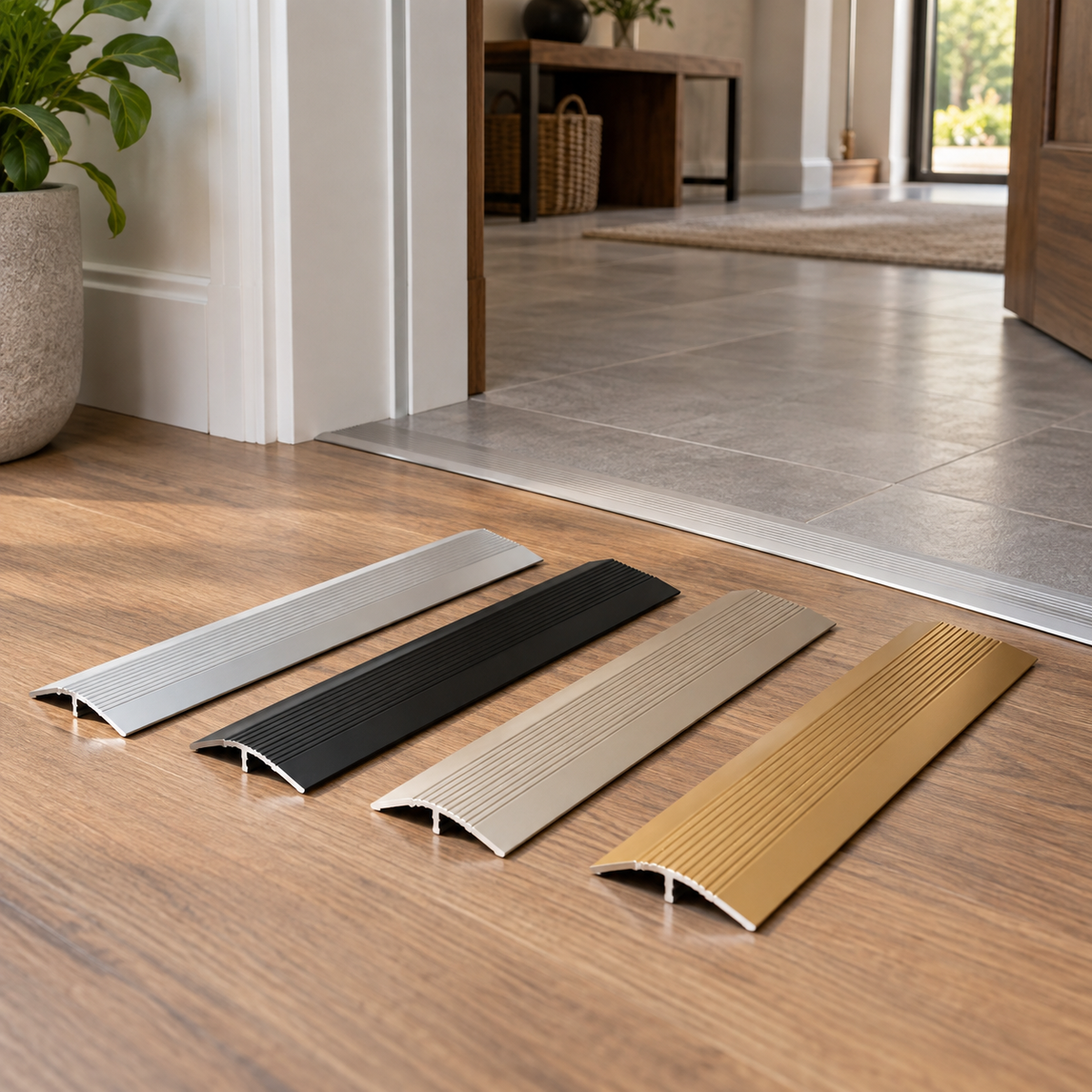 A01 30mm anodised aluminium threshold ramp shown in silver, black, champagne and gold finishes