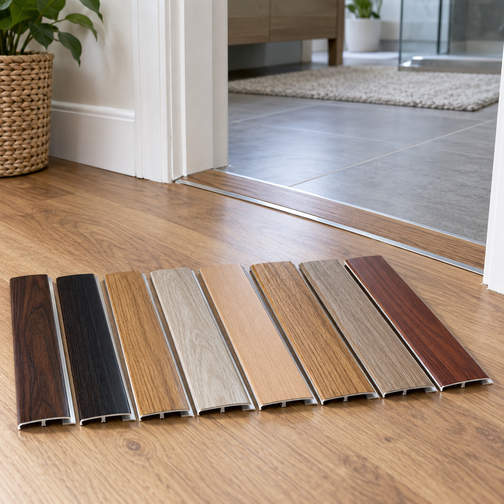 A02 30mm aluminium wood-effect self adhesive threshold strip shown in multiple wood finishes at a modern doorway