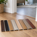 A02 30mm aluminium wood-effect self adhesive threshold strip shown in multiple wood finishes at a modern doorway