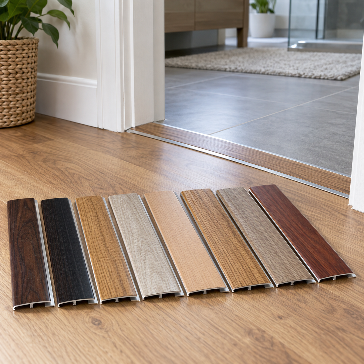 A02 30mm aluminium wood-effect self adhesive threshold strip shown in multiple wood finishes at a modern doorway