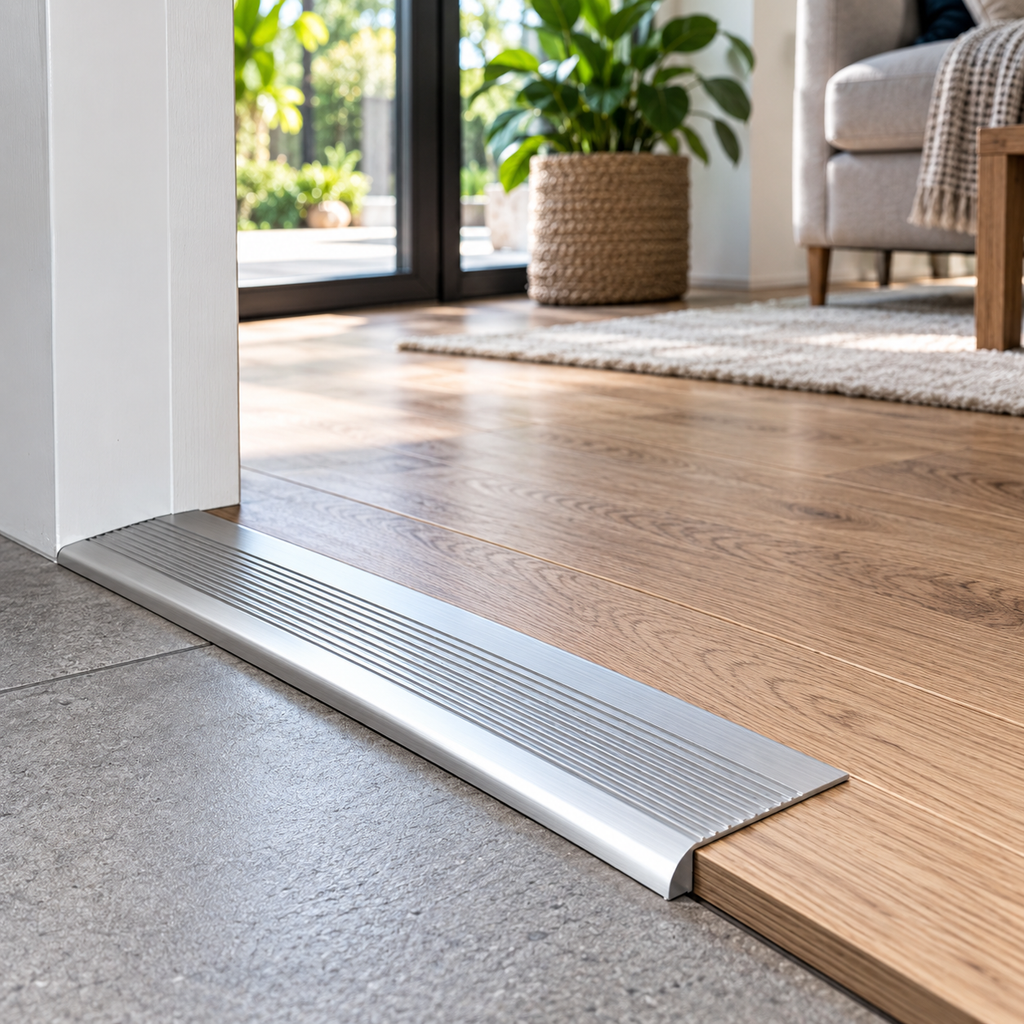 A03 30mm anodised aluminium self adhesive threshold shown installed as a clean transition between two floor surfaces