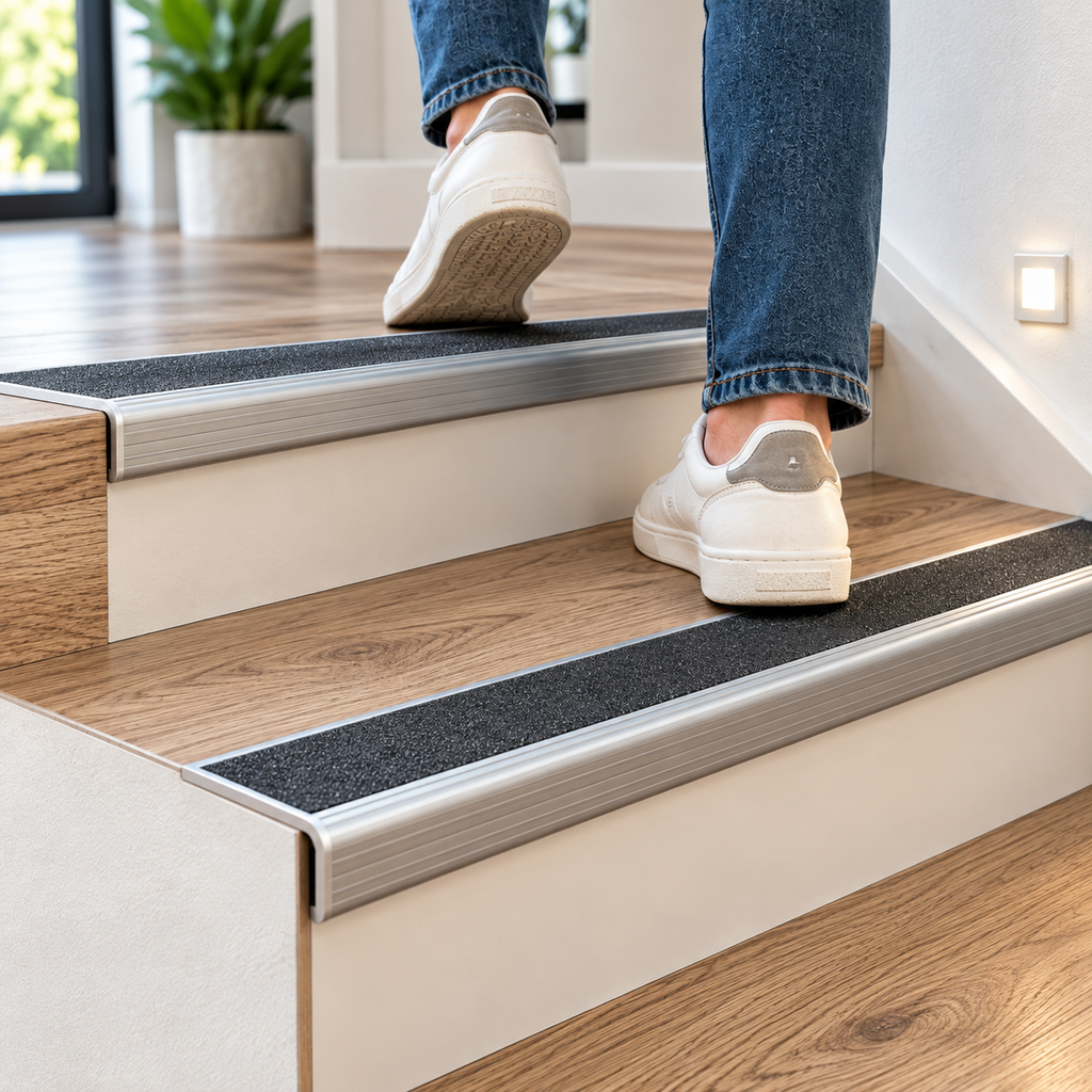 A04 49mm anodised aluminium door threshold installed across a staircase floor transition with anti-slip surface in a modern home