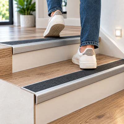 A04 49mm anodised aluminium door threshold installed across a staircase floor transition with anti-slip surface in a modern home