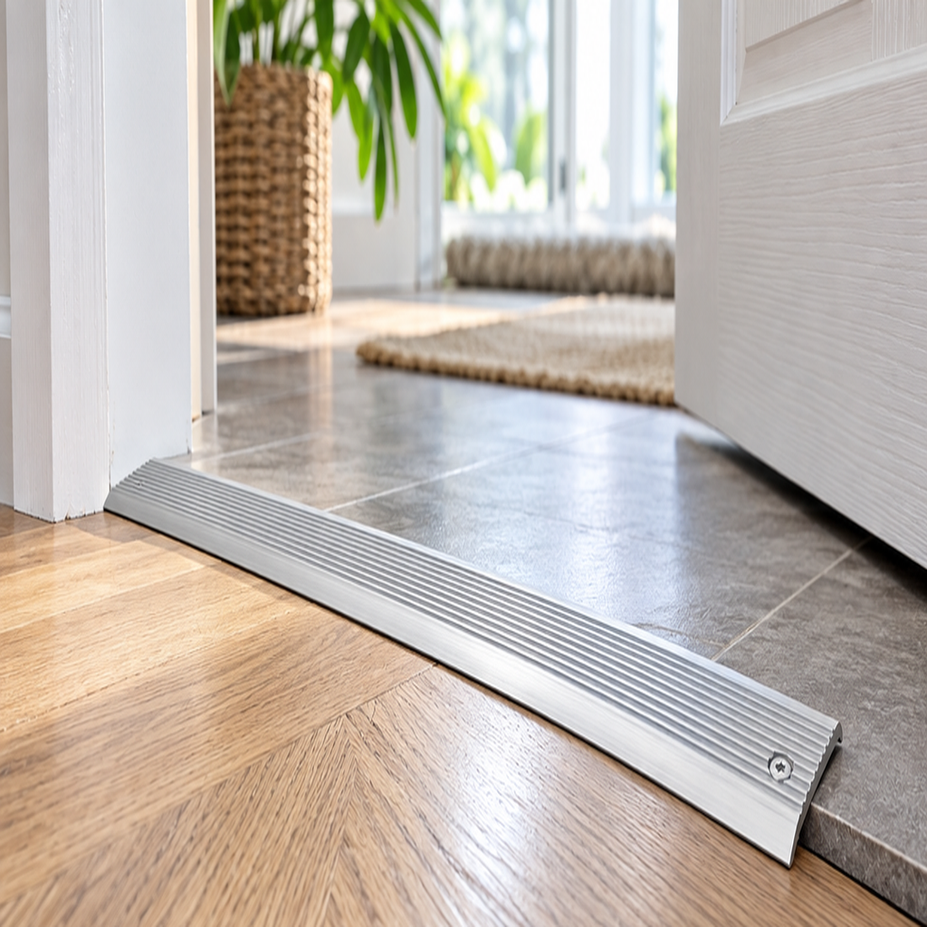 A08 35mm anodised aluminium flat door threshold profile installed between wood flooring and gray tile