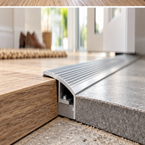 Close-up of A08 35mm anodised aluminium flat door threshold profile joining wood flooring and gray tile