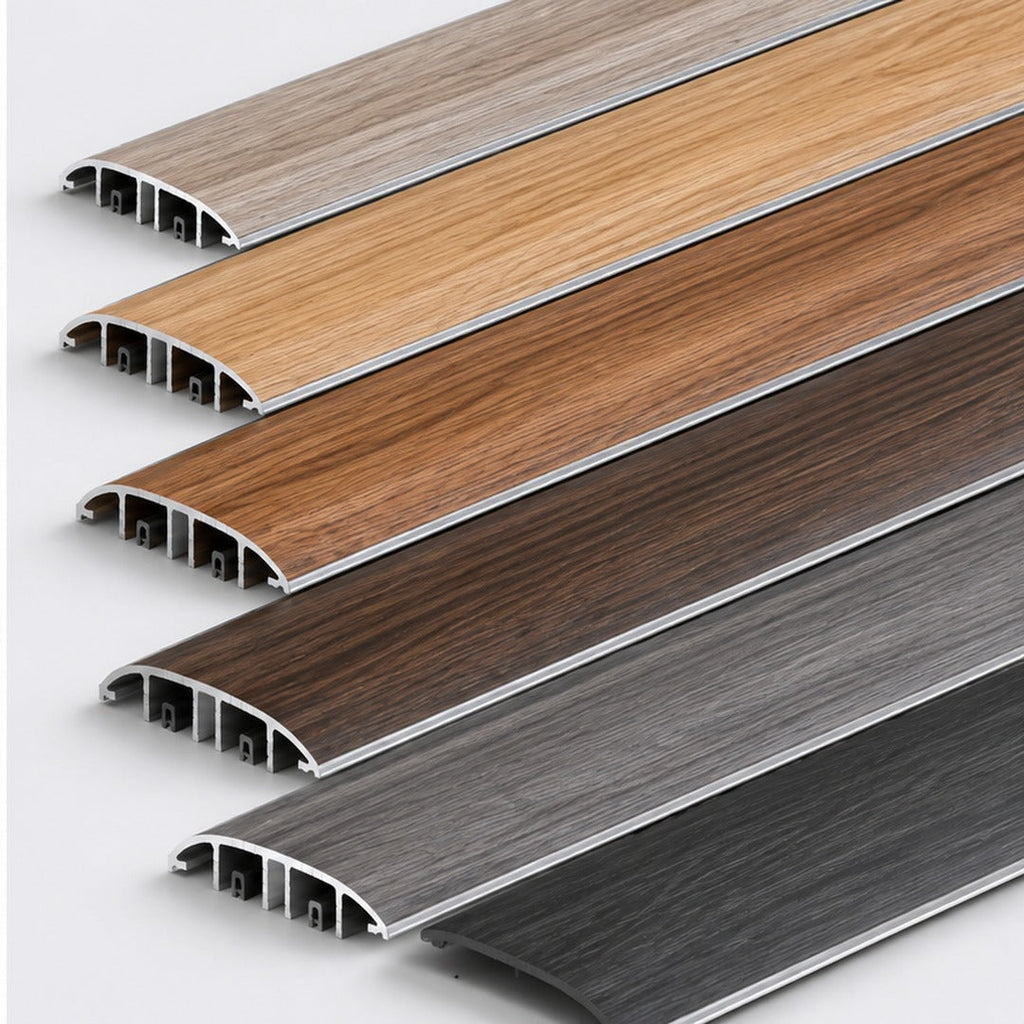 A13 40mm aluminium wood-effect door threshold shown across multiple wood-effect finishes