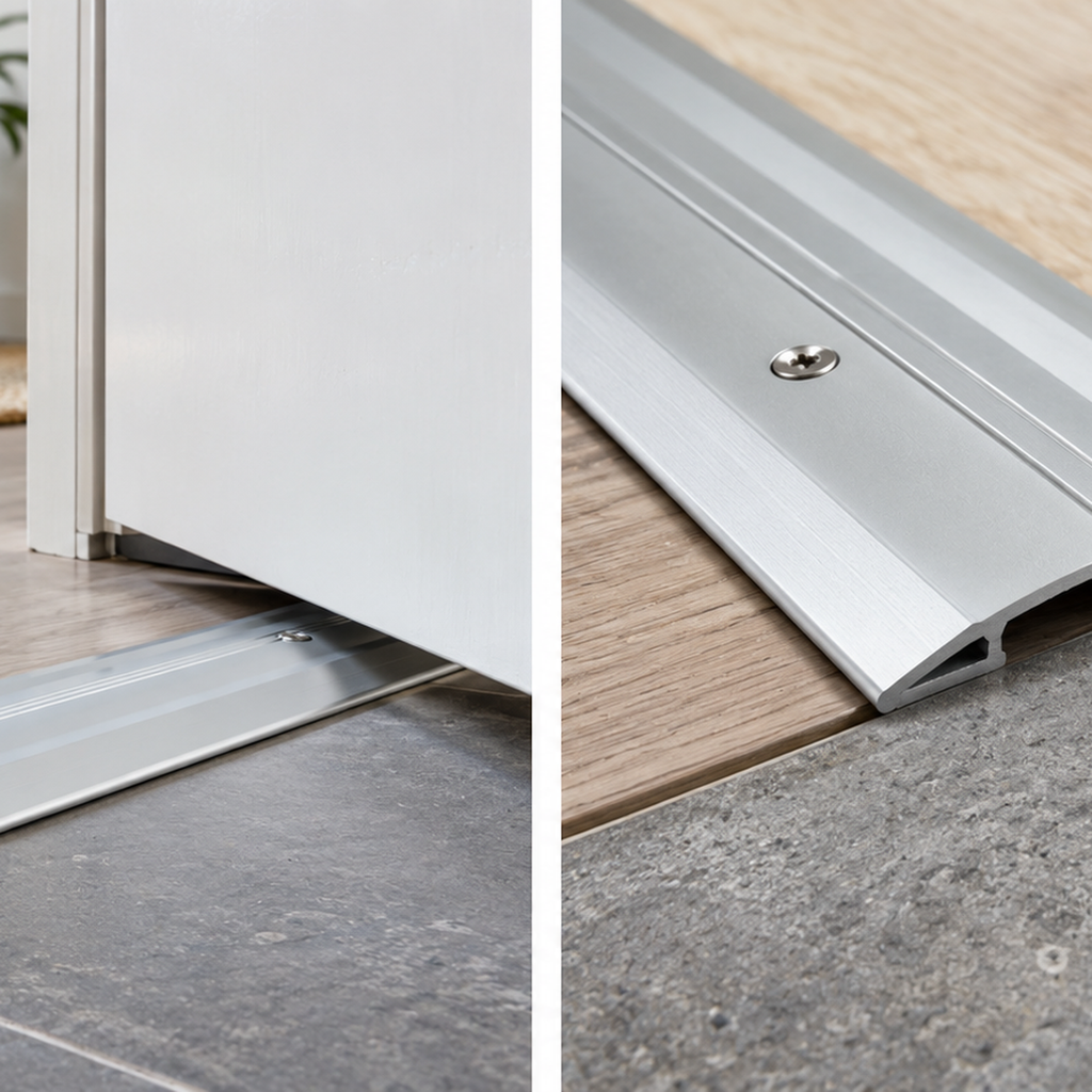 A13 40mm anodised aluminium self adhesive door threshold installed between wood flooring and tile at a modern doorway