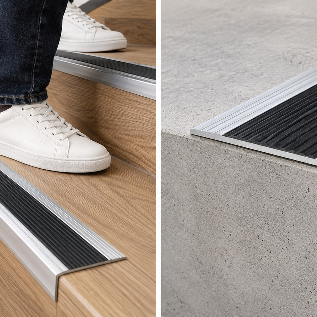 A33 40 x 20mm anodised aluminium non slip ribbed stair nosing installed on wood-effect stairs with a person using the staircase